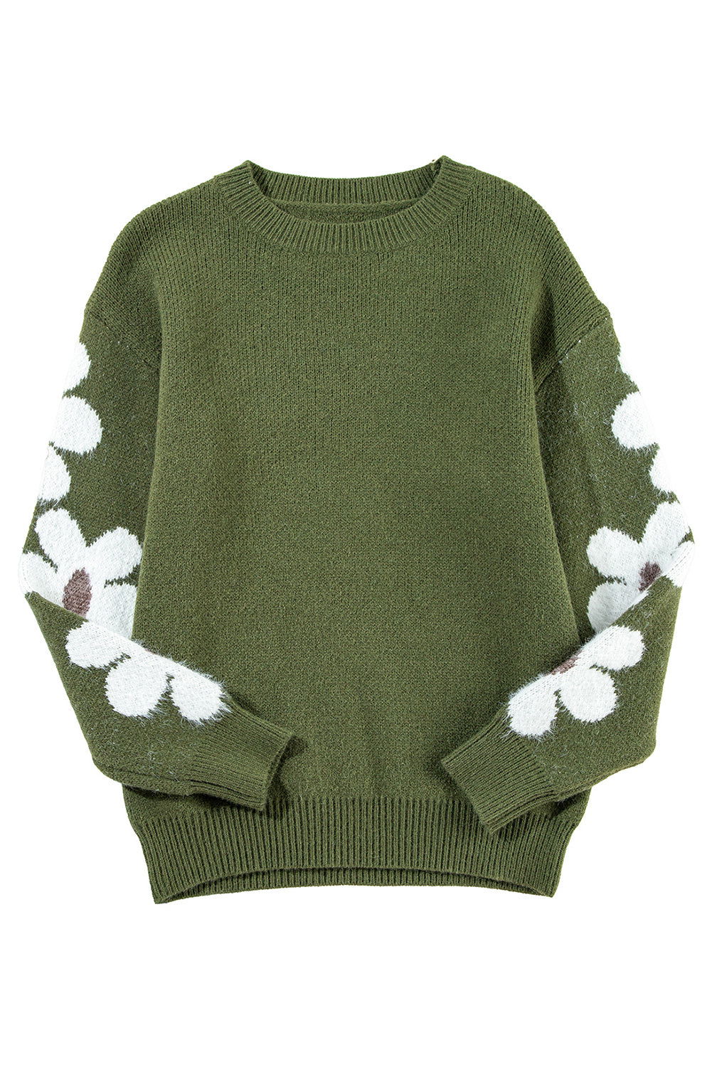 Moss Green Flower Drop Shoulder Sleeve Sweater - Vesteeto