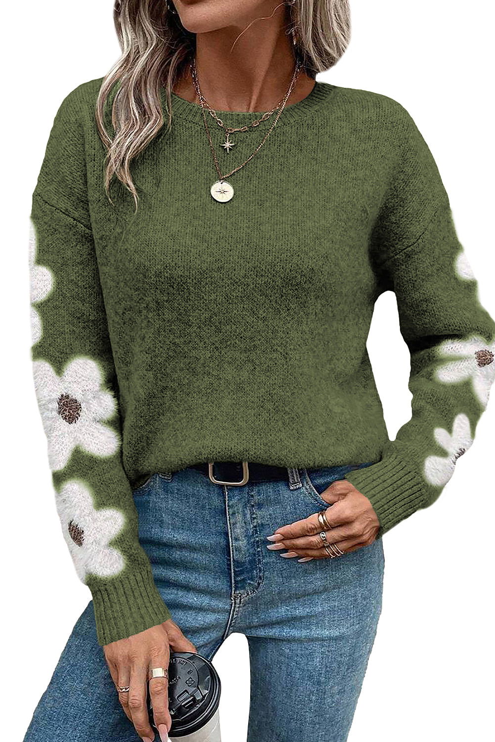 Moss Green Flower Drop Shoulder Sleeve Sweater - Vesteeto