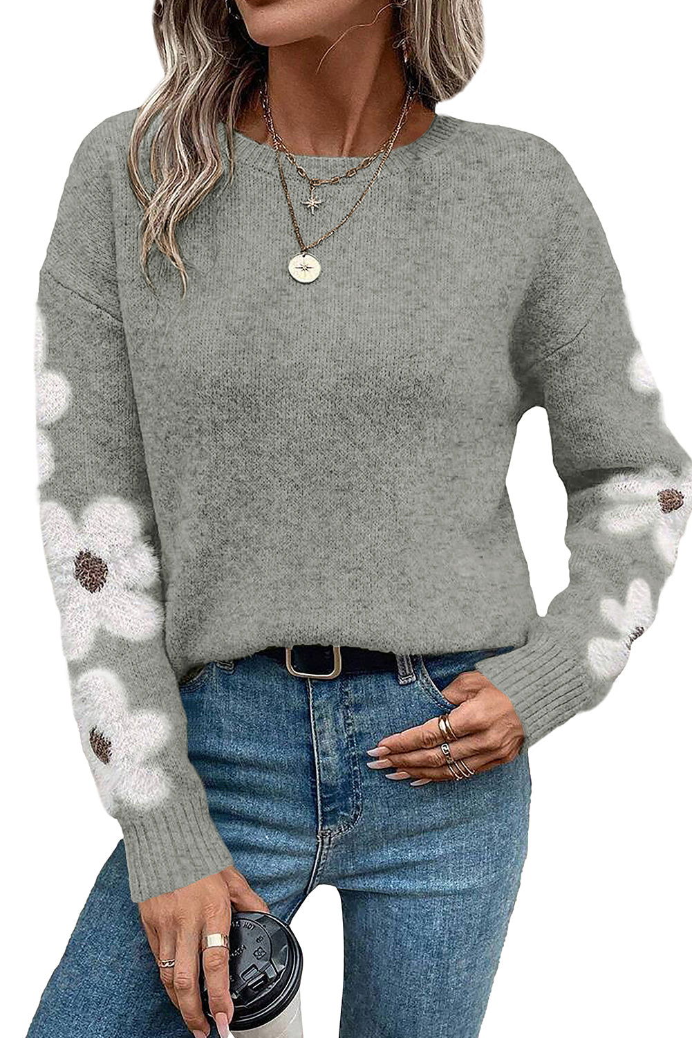 Moss Green Flower Drop Shoulder Sleeve Sweater - Vesteeto