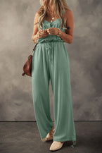 Moss Green Knotted Straps Textured Drawstring Jumpsuit - Vesteeto