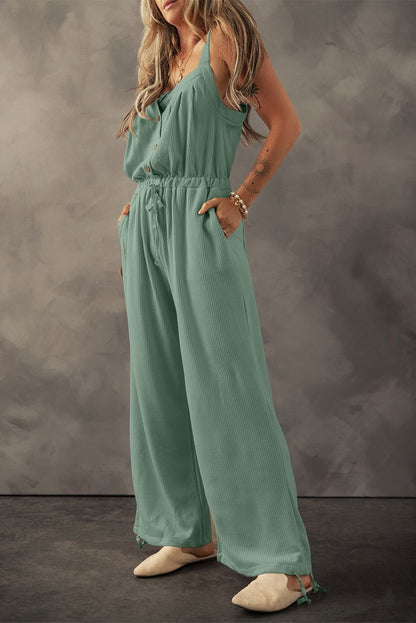 Moss Green Knotted Straps Textured Drawstring Jumpsuit - Vesteeto