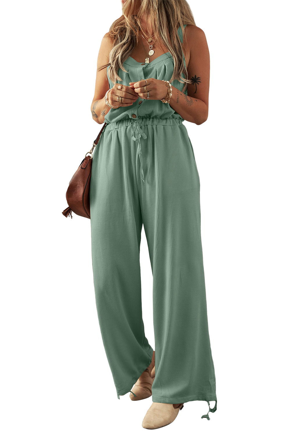 Moss Green Knotted Straps Textured Drawstring Jumpsuit - Vesteeto