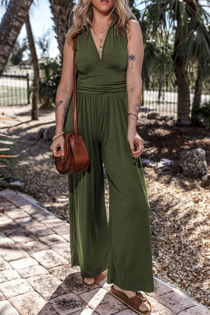 Moss Green Sleeveless V Neck Ruched Wide Leg Jumpsuit - Vesteeto