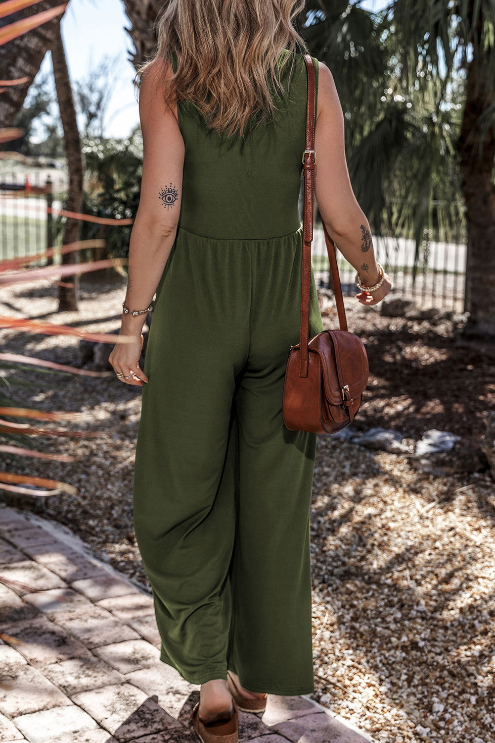 Moss Green Sleeveless V Neck Ruched Wide Leg Jumpsuit - Vesteeto