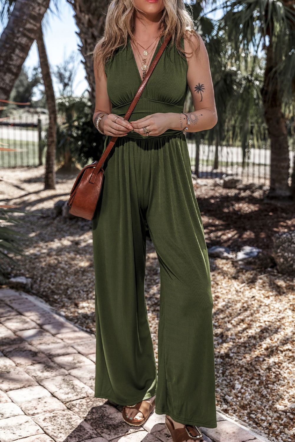 Moss Green Sleeveless V Neck Ruched Wide Leg Jumpsuit - Vesteeto