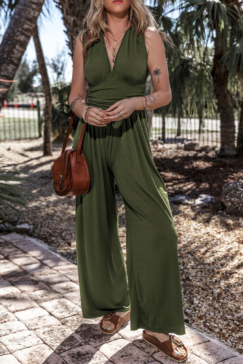 Moss Green Sleeveless V Neck Ruched Wide Leg Jumpsuit - Vesteeto