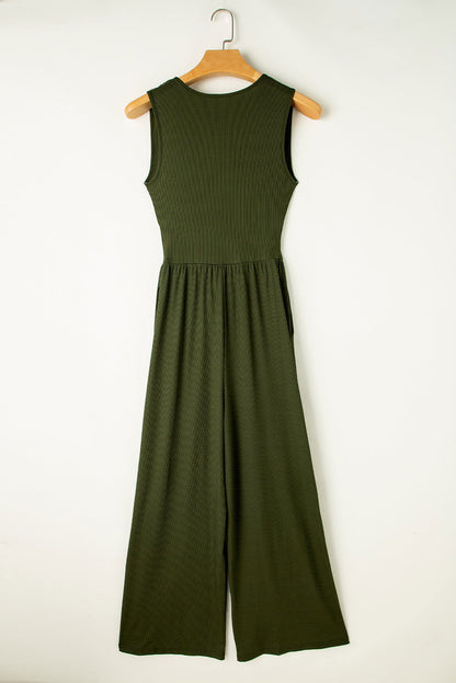 Moss Green Sleeveless V Neck Ruched Wide Leg Jumpsuit - Vesteeto