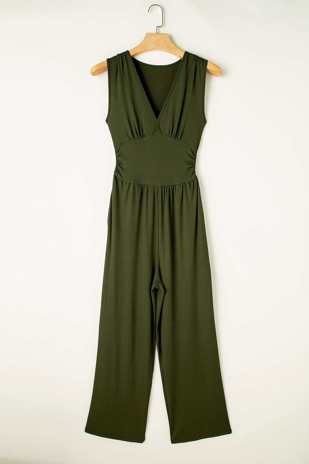 Moss Green Sleeveless V Neck Ruched Wide Leg Jumpsuit - Vesteeto