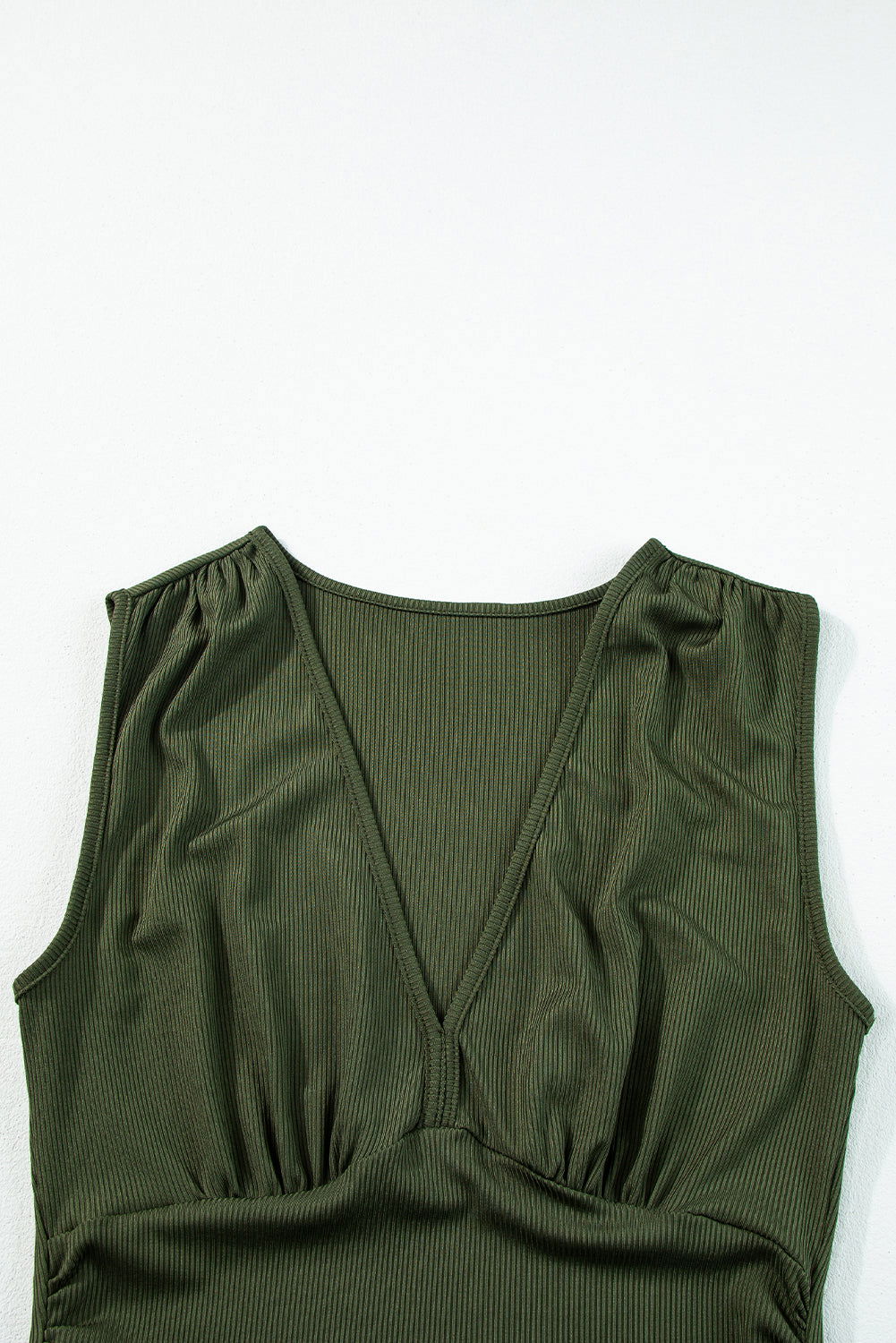 Moss Green Sleeveless V Neck Ruched Wide Leg Jumpsuit - Vesteeto