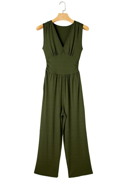 Moss Green Sleeveless V Neck Ruched Wide Leg Jumpsuit - Vesteeto