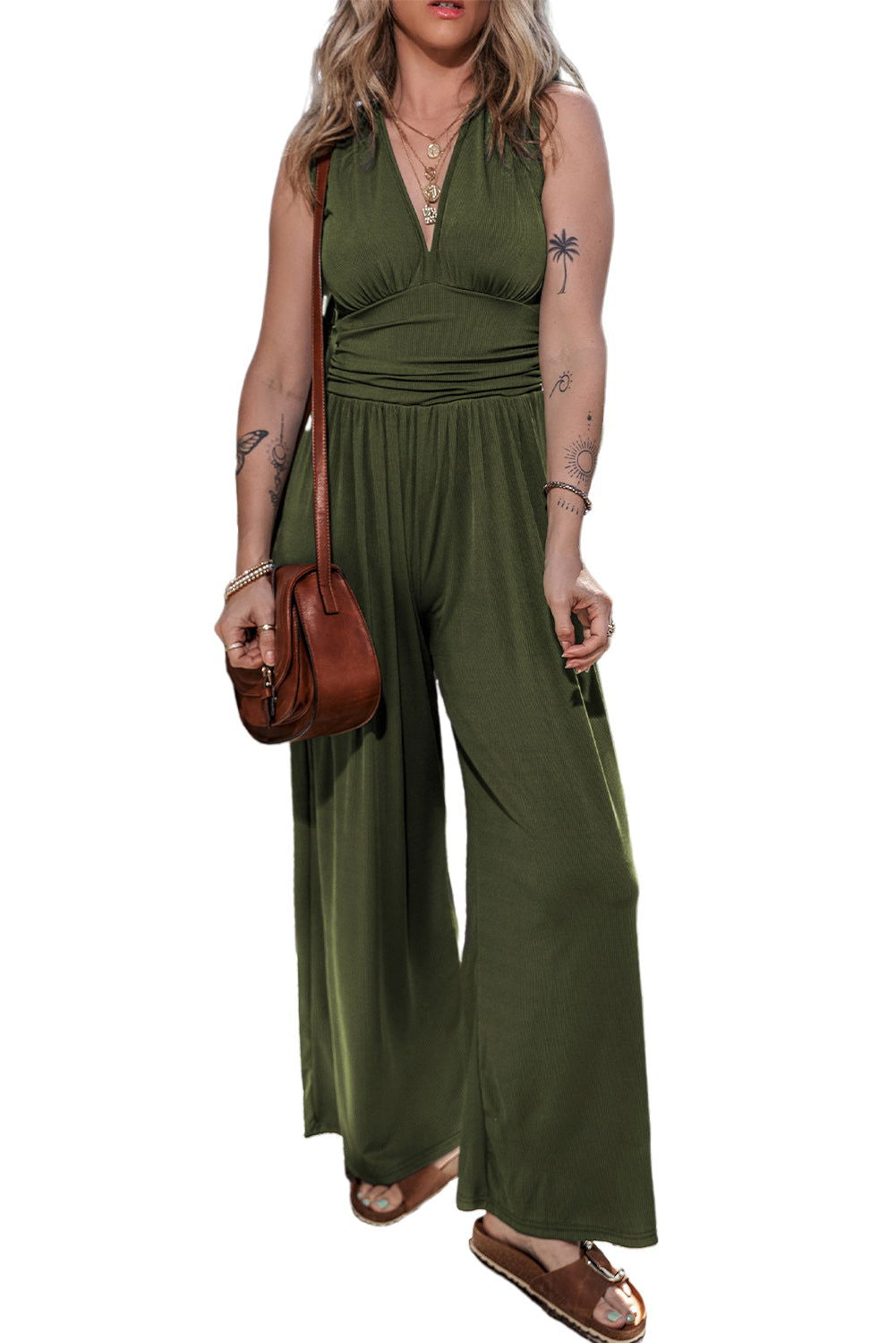 Moss Green Sleeveless V Neck Ruched Wide Leg Jumpsuit - Vesteeto