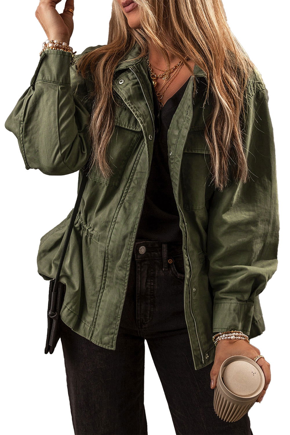 Moss Green Snap Button Zipper Tight Waist Collared Jacket - Vesteeto