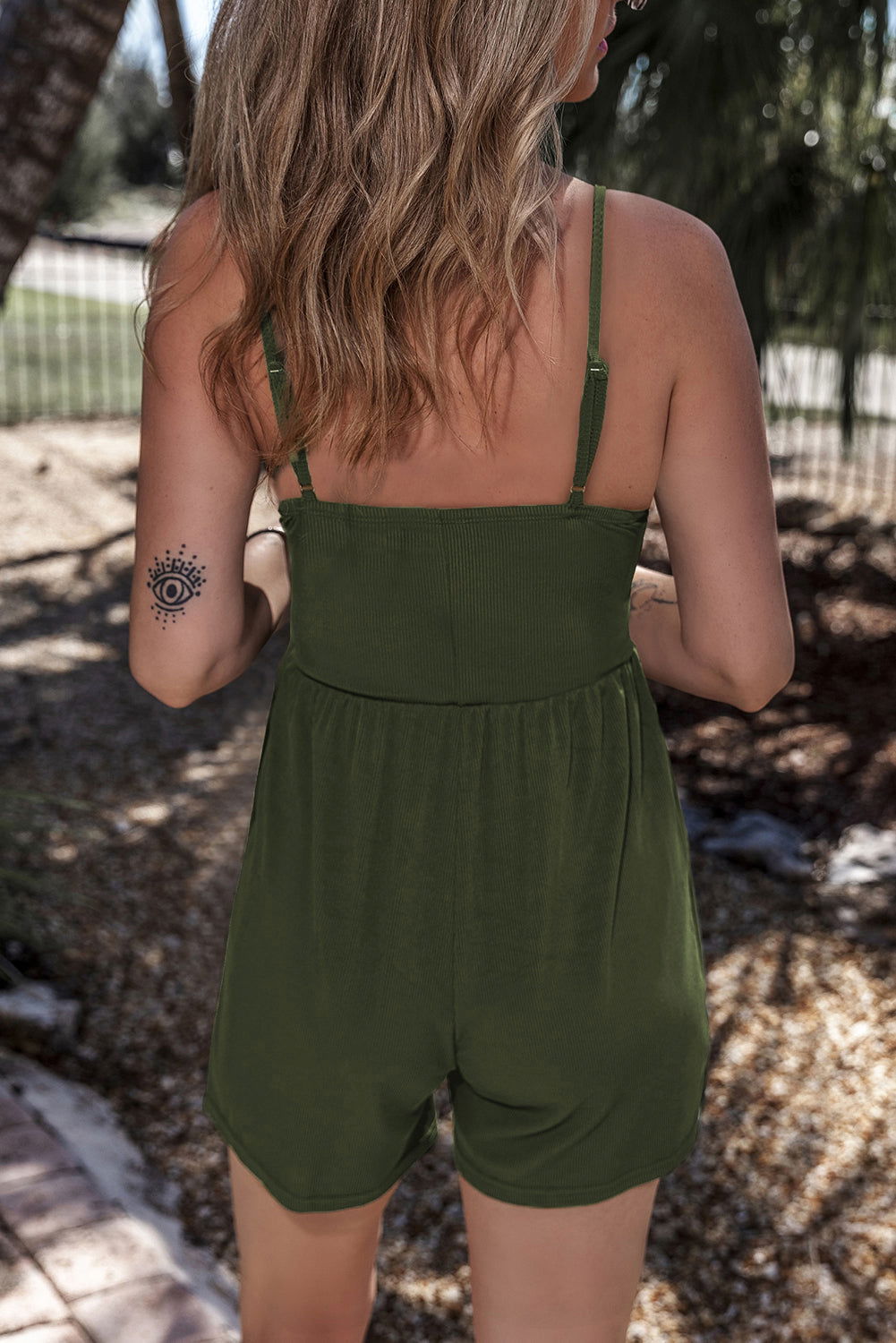 Moss Green Spaghetti Straps Cinched Waist Ribbed Romper - Vesteeto