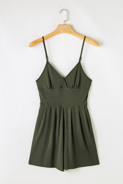 Moss Green Spaghetti Straps Cinched Waist Ribbed Romper - Vesteeto