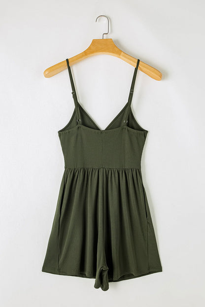 Moss Green Spaghetti Straps Cinched Waist Ribbed Romper - Vesteeto