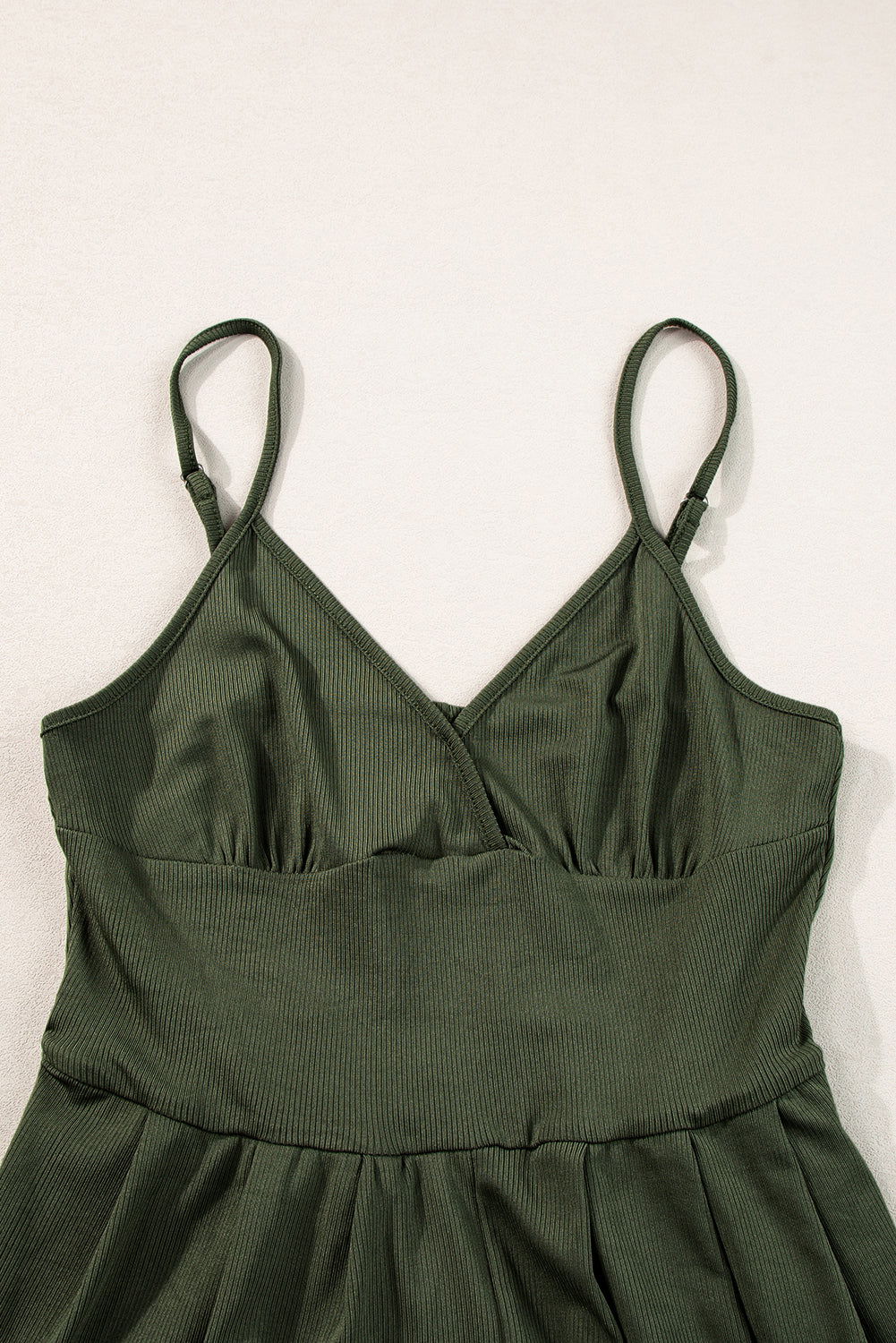 Moss Green Spaghetti Straps Cinched Waist Ribbed Romper - Vesteeto