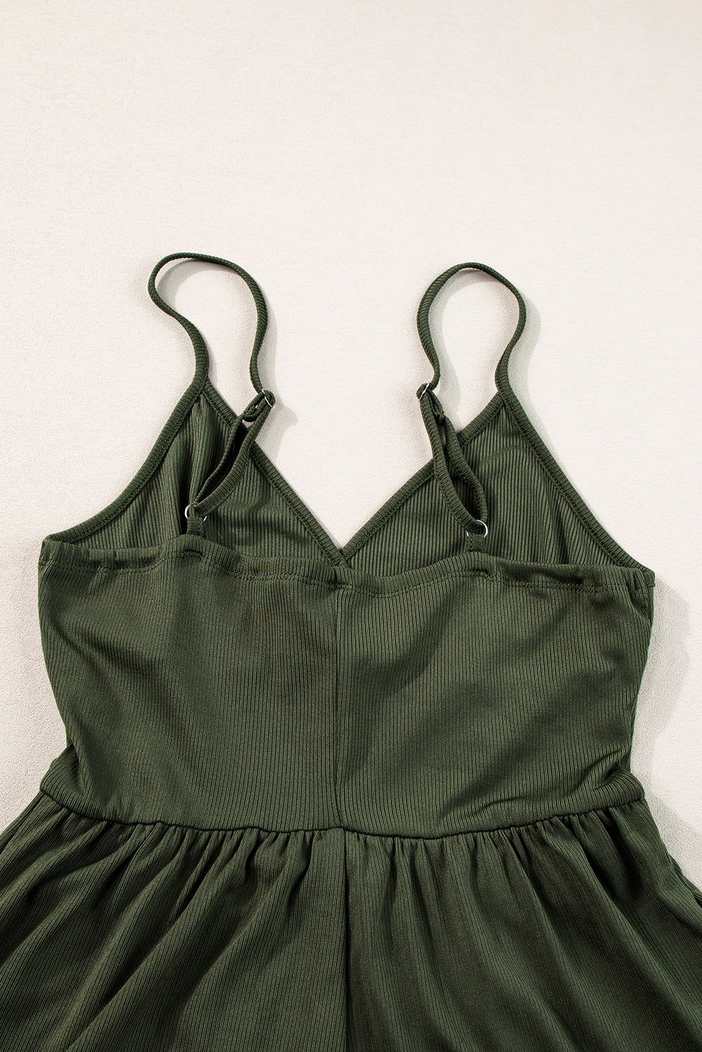 Moss Green Spaghetti Straps Cinched Waist Ribbed Romper - Vesteeto