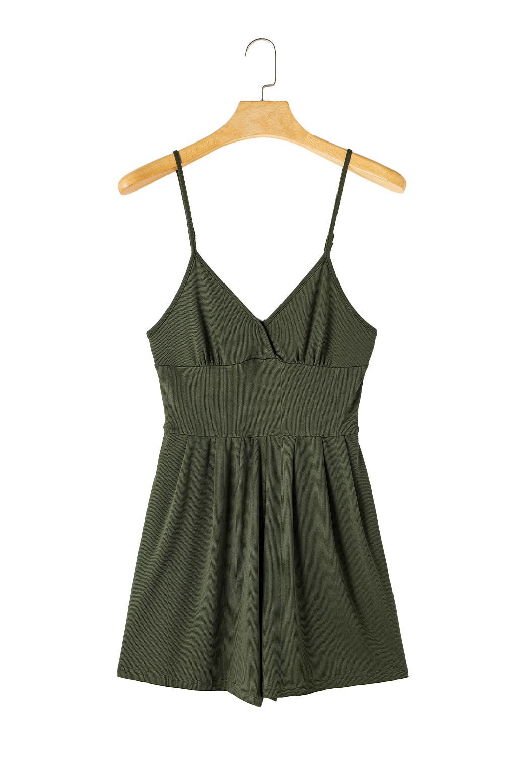 Moss Green Spaghetti Straps Cinched Waist Ribbed Romper - Vesteeto