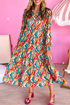 Multicolor Abstract Geometric Print Notch Neck Tiered Boho Dress - Vesteeto