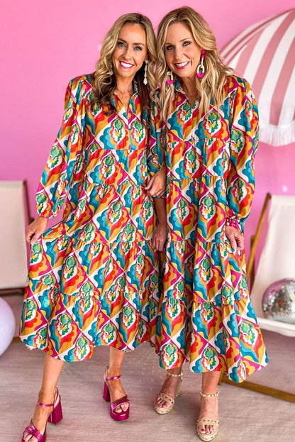 Multicolor Abstract Geometric Print Notch Neck Tiered Boho Dress - Vesteeto