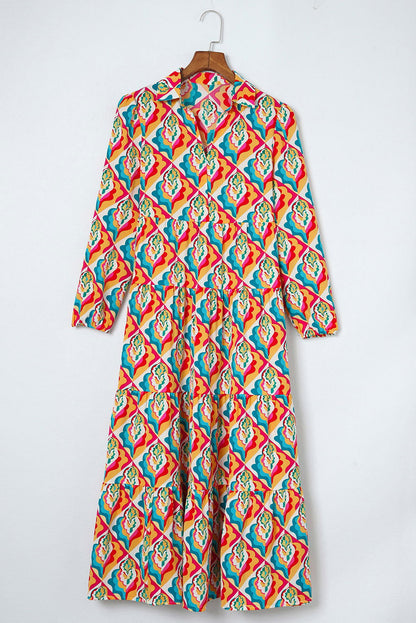 Multicolor Abstract Geometric Print Notch Neck Tiered Boho Dress - Vesteeto