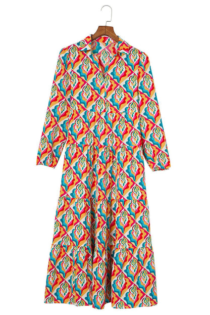 Multicolor Abstract Geometric Print Notch Neck Tiered Boho Dress - Vesteeto