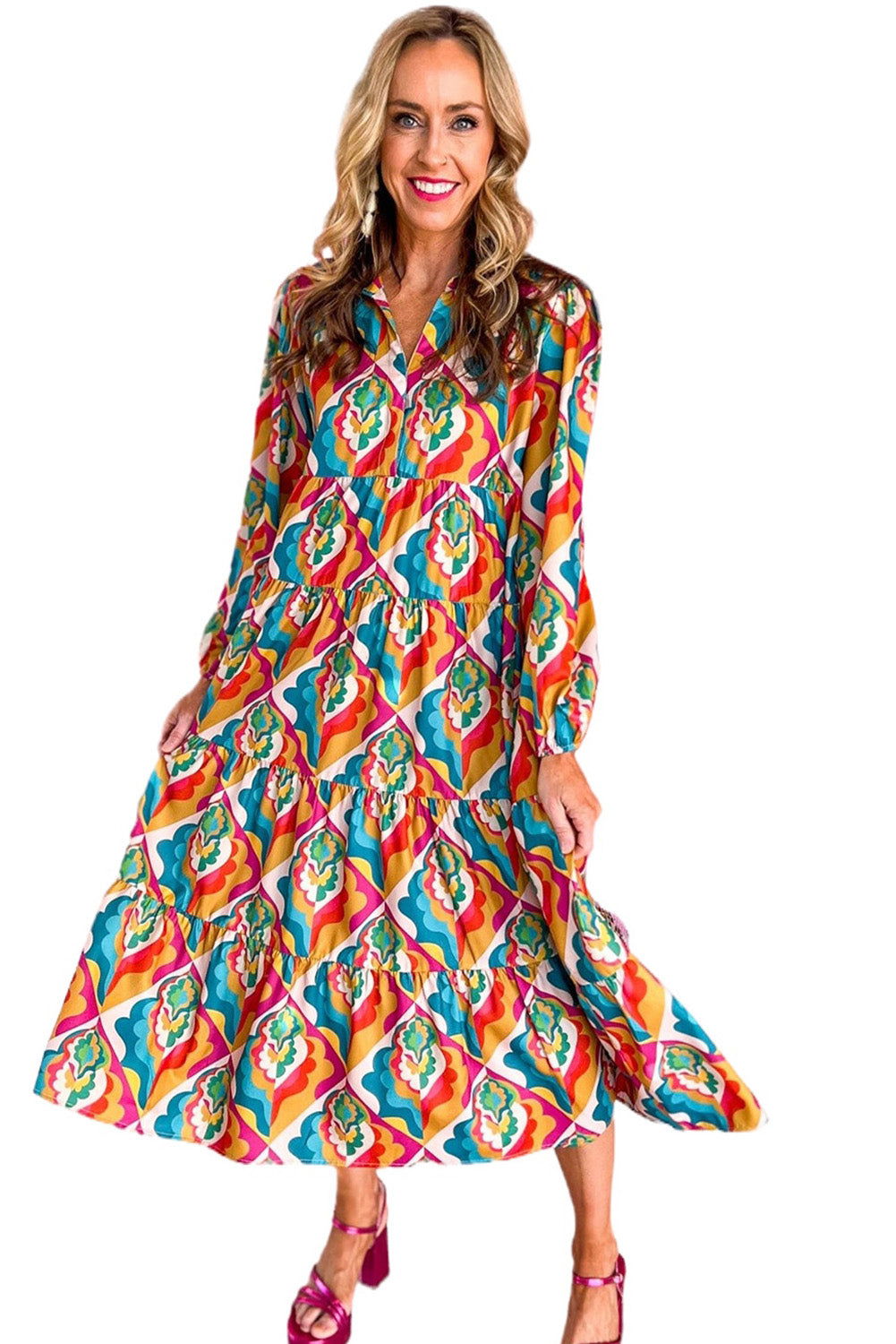 Multicolor Abstract Geometric Print Notch Neck Tiered Boho Dress - Vesteeto