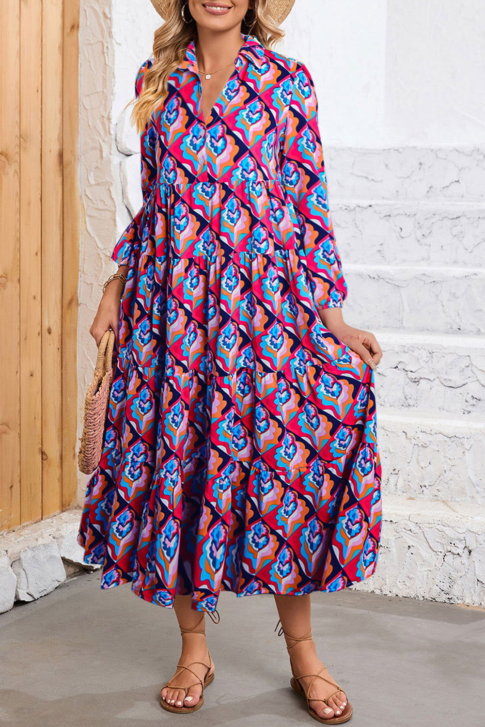 Multicolor Abstract Geometric Print Notch Neck Tiered Boho Dress - Vesteeto