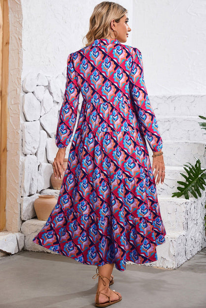 Multicolor Abstract Geometric Print Notch Neck Tiered Boho Dress - Vesteeto