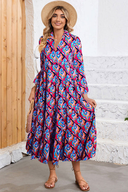 Multicolor Abstract Geometric Print Notch Neck Tiered Boho Dress - Vesteeto