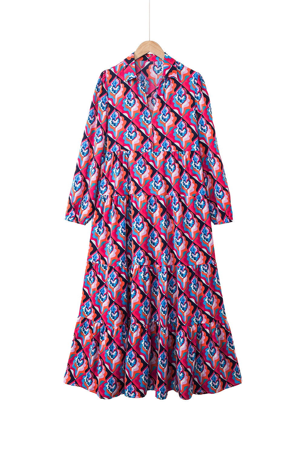 Multicolor Abstract Geometric Print Notch Neck Tiered Boho Dress - Vesteeto