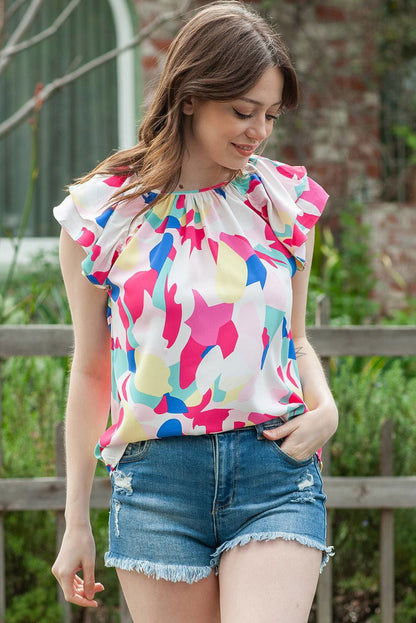 Multicolor Abstract Pattern Ruffle Sleeve Blouse - Vesteeto