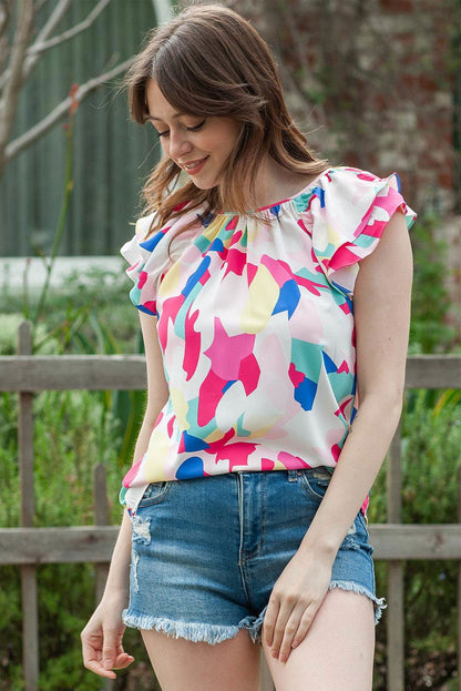 Multicolor Abstract Pattern Ruffle Sleeve Blouse - Vesteeto