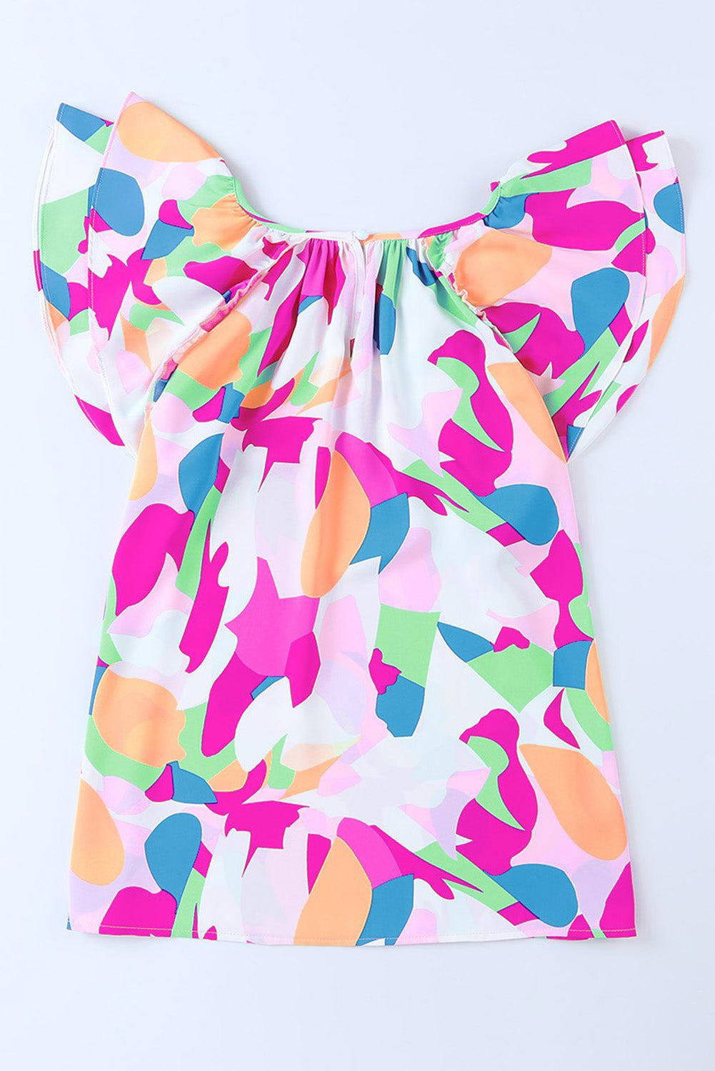 Multicolor Abstract Pattern Ruffle Sleeve Blouse - Vesteeto