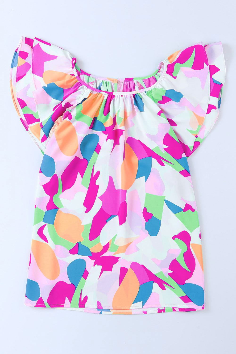 Multicolor Abstract Pattern Ruffle Sleeve Blouse - Vesteeto