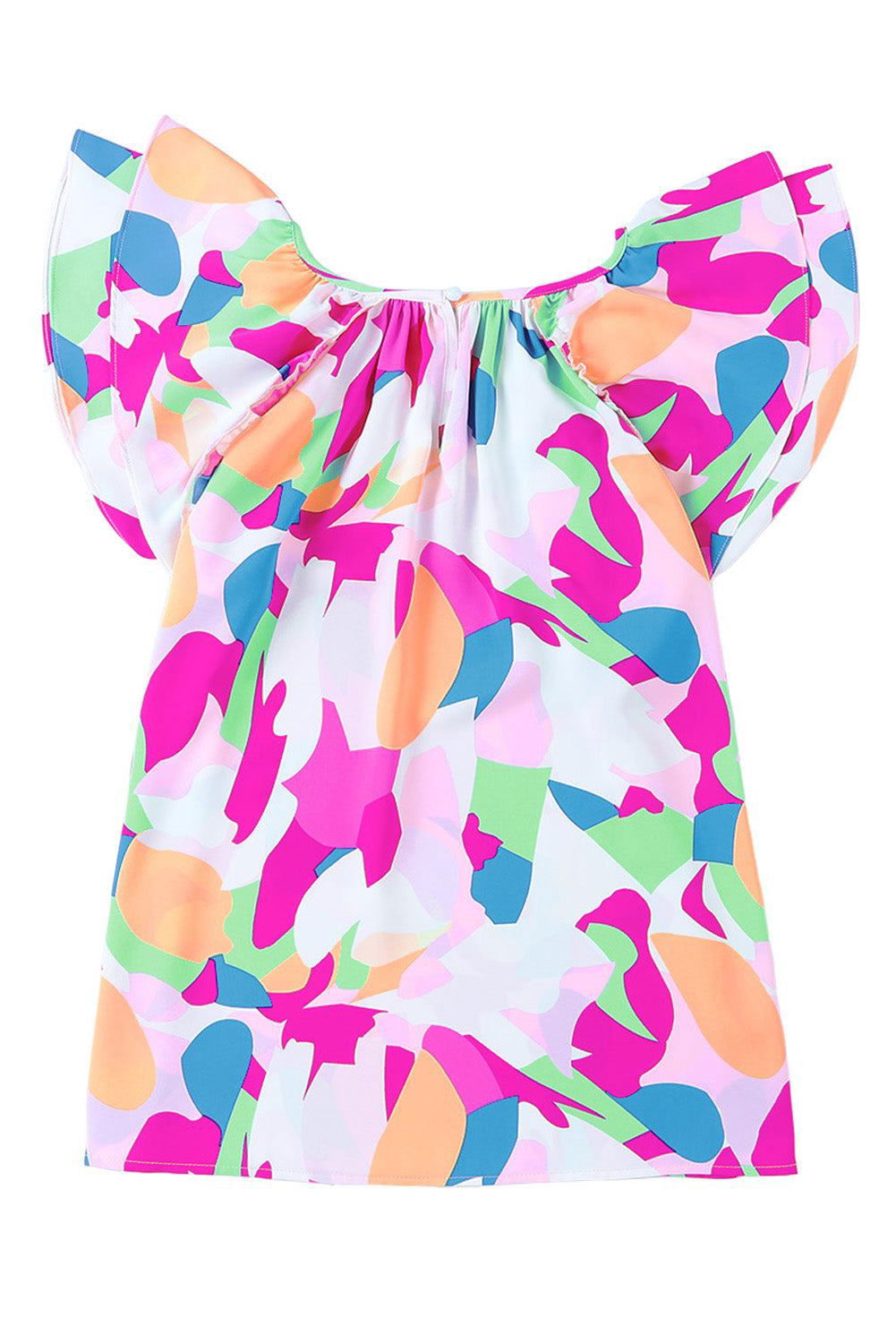 Multicolor Abstract Pattern Ruffle Sleeve Blouse - Vesteeto