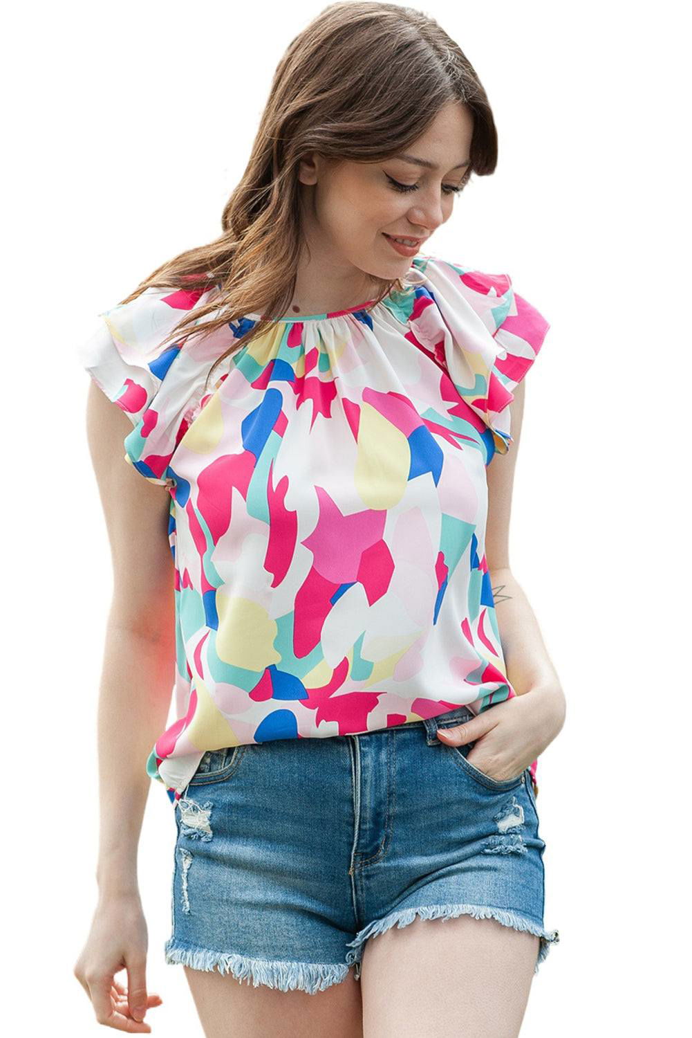 Multicolor Abstract Pattern Ruffle Sleeve Blouse - Vesteeto