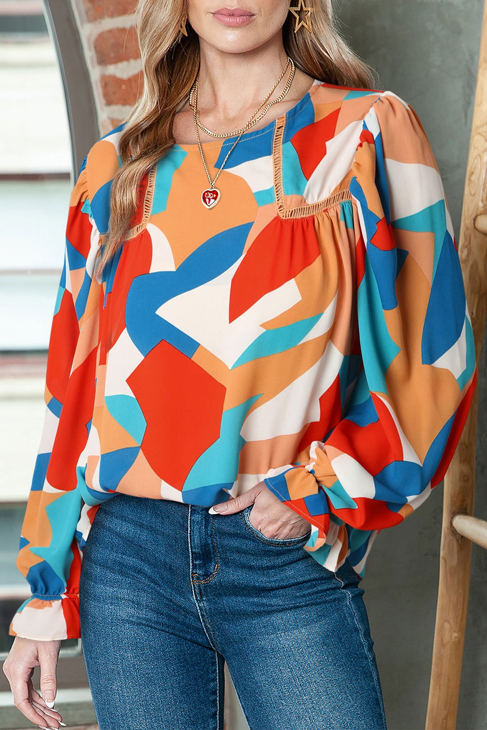 Multicolor Abstract Print Casual Puff Sleeve Blouse - Vesteeto