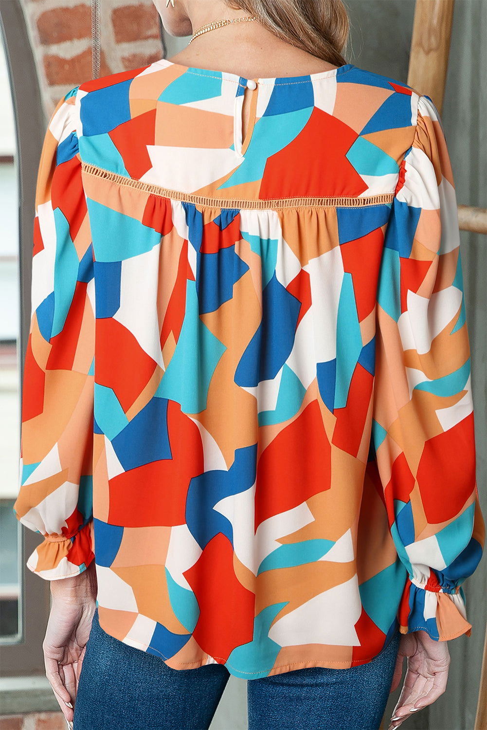 Multicolor Abstract Print Casual Puff Sleeve Blouse - Vesteeto