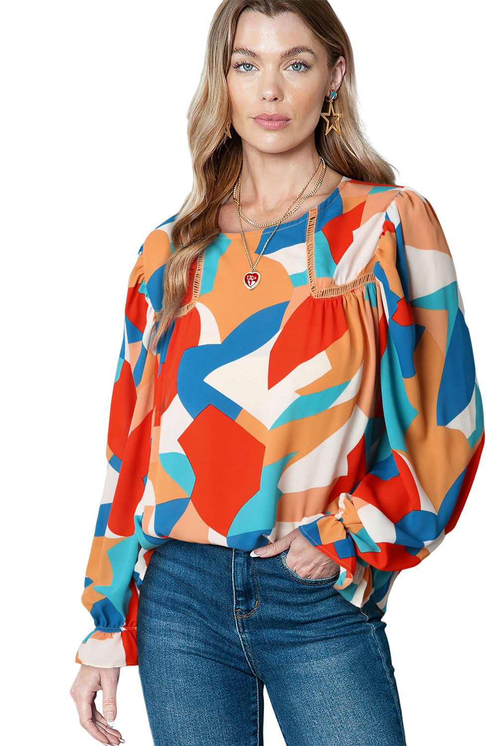 Multicolor Abstract Print Casual Puff Sleeve Blouse - Vesteeto