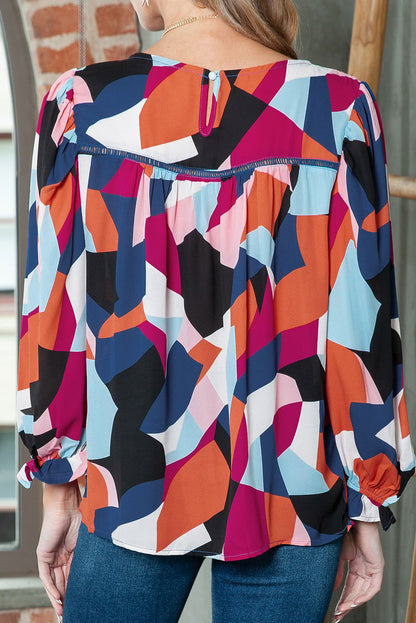 Multicolor Abstract Print Casual Puff Sleeve Blouse - Vesteeto