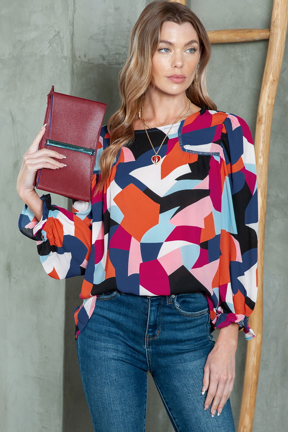 Multicolor Abstract Print Casual Puff Sleeve Blouse - Vesteeto