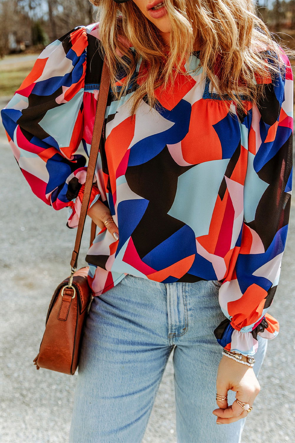 Multicolor Abstract Print Casual Puff Sleeve Blouse - Vesteeto