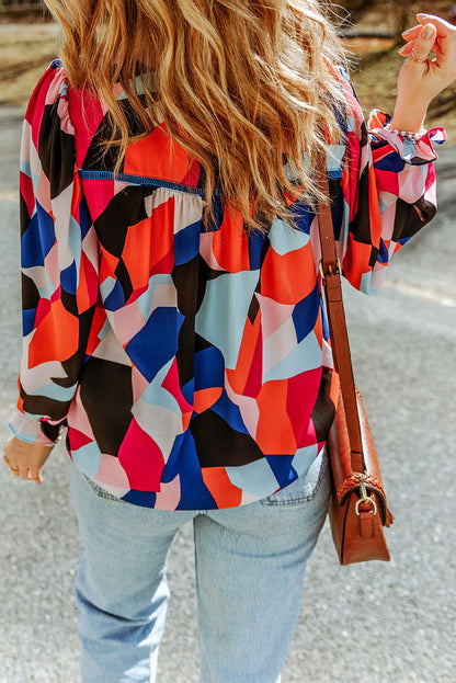 Multicolor Abstract Print Casual Puff Sleeve Blouse - Vesteeto