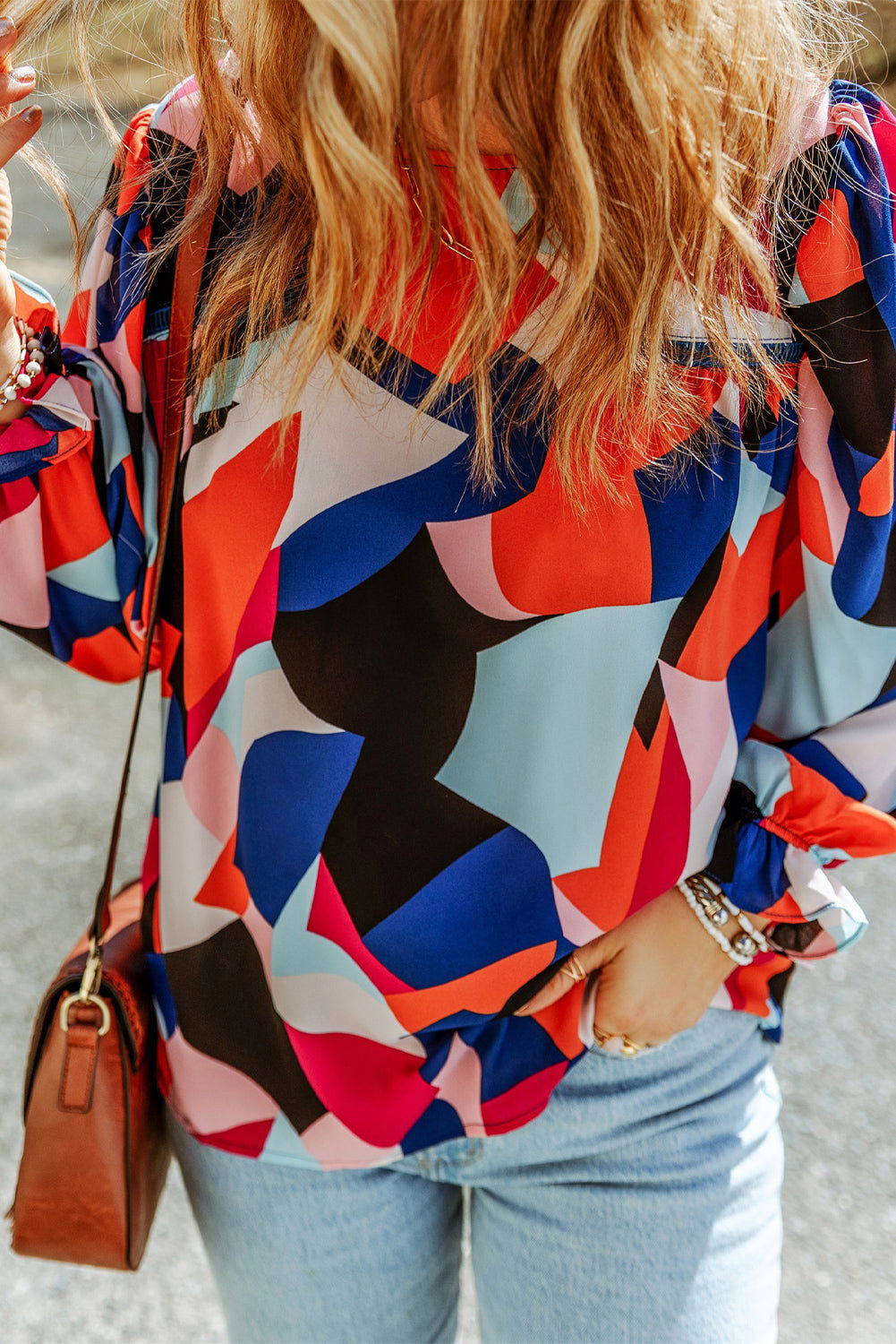 Multicolor Abstract Print Casual Puff Sleeve Blouse - Vesteeto