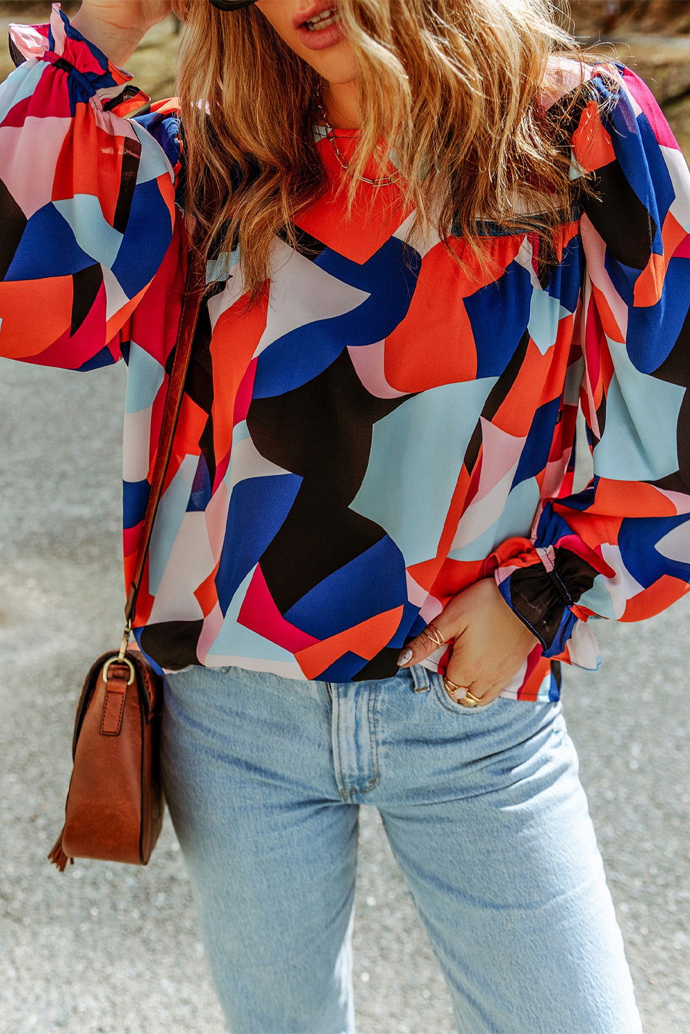 Multicolor Abstract Print Casual Puff Sleeve Blouse - Vesteeto