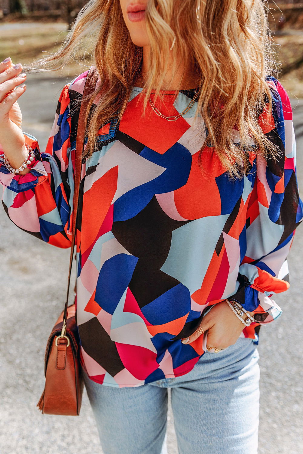 Multicolor Abstract Print Casual Puff Sleeve Blouse - Vesteeto