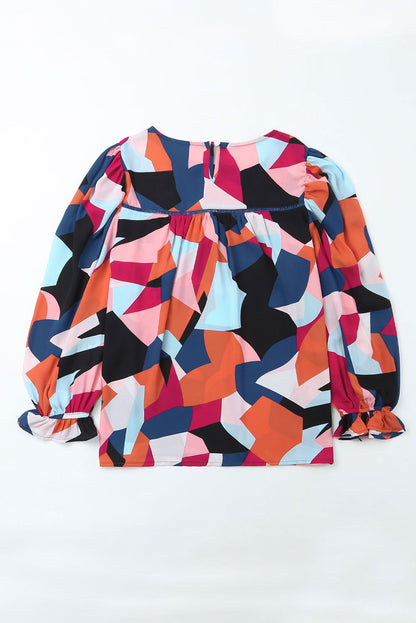 Multicolor Abstract Print Casual Puff Sleeve Blouse - Vesteeto