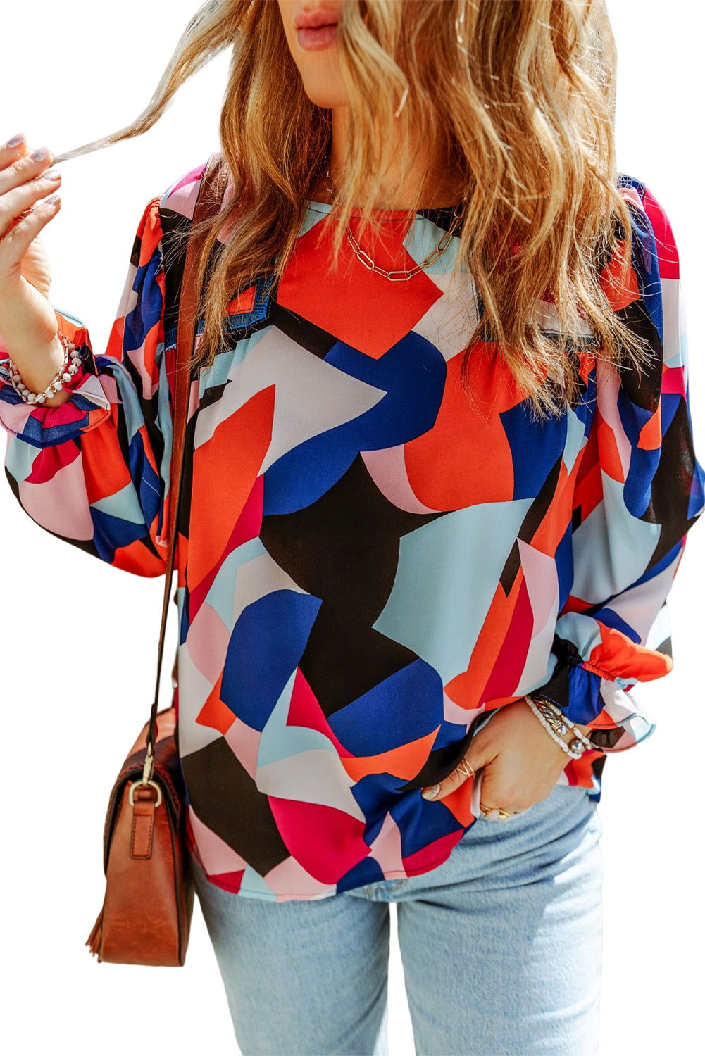 Multicolor Abstract Print Casual Puff Sleeve Blouse - Vesteeto