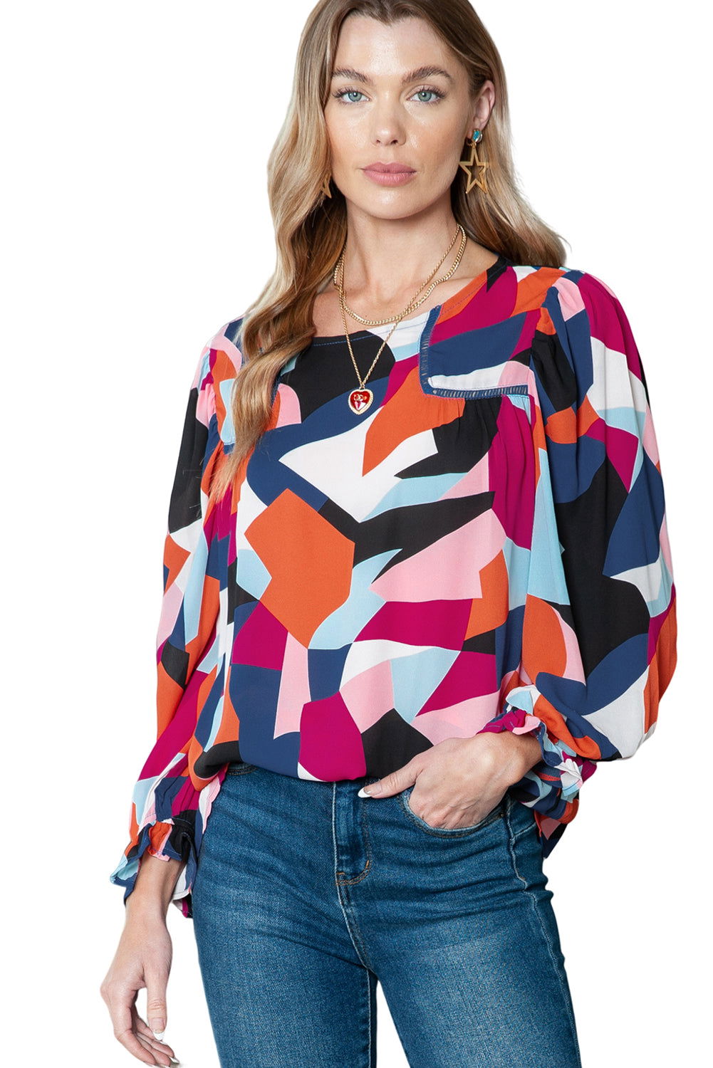 Multicolor Abstract Print Casual Puff Sleeve Blouse - Vesteeto